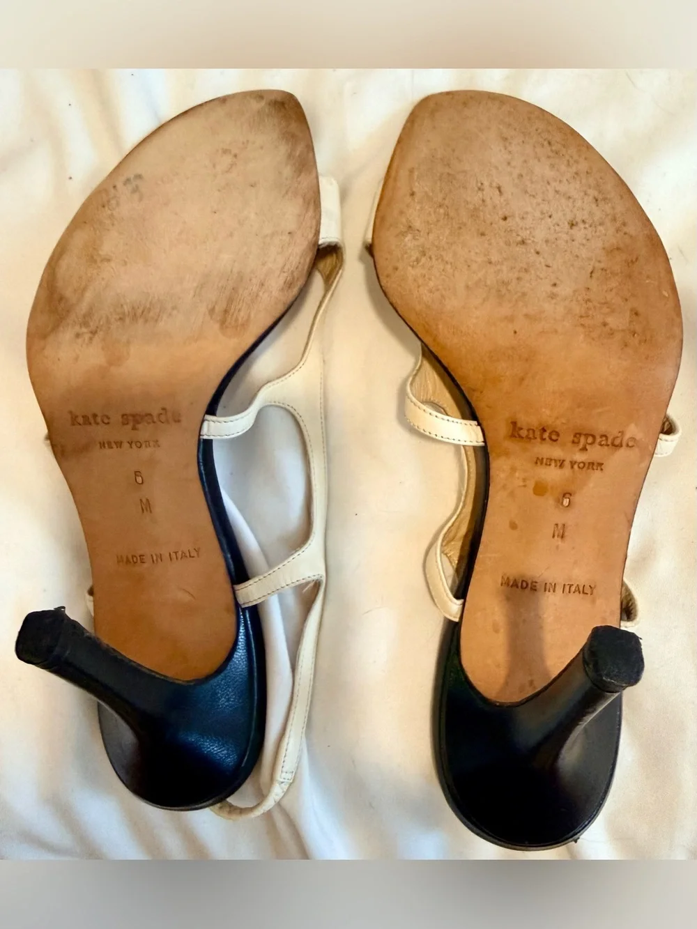 Kate Spade Italy Leather Bow Slingback Heels Cream Black Sz 6 Open Toe 3.5”